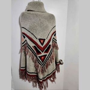 Shiraleah, chicago, Small/Medium, Aztec, Cape, Poncho, fringe, Heathered, Grey,